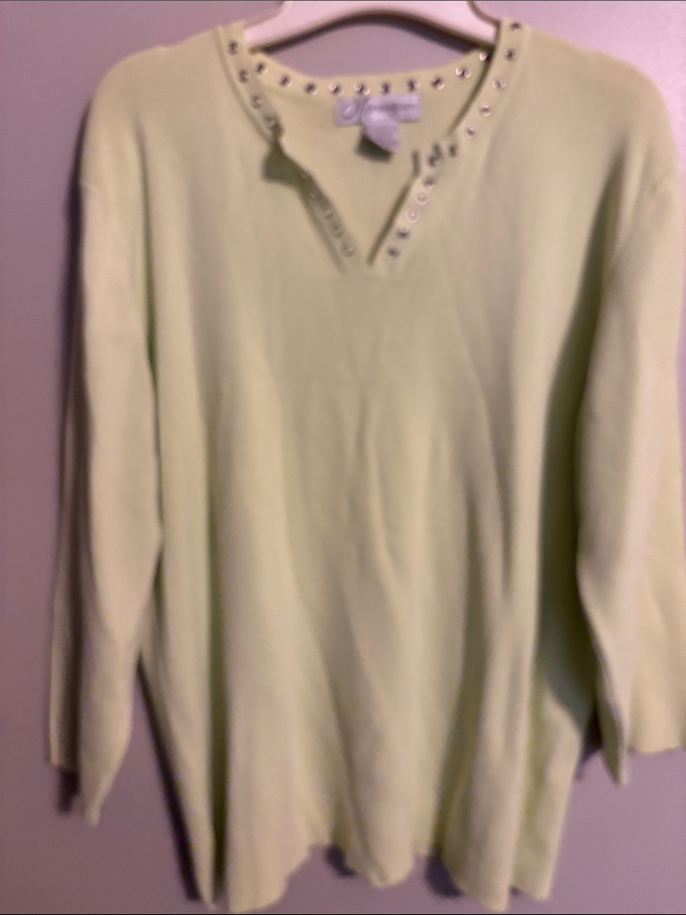 dressbarn Light Green Women's V-Neck Sweater with Grommet Trim